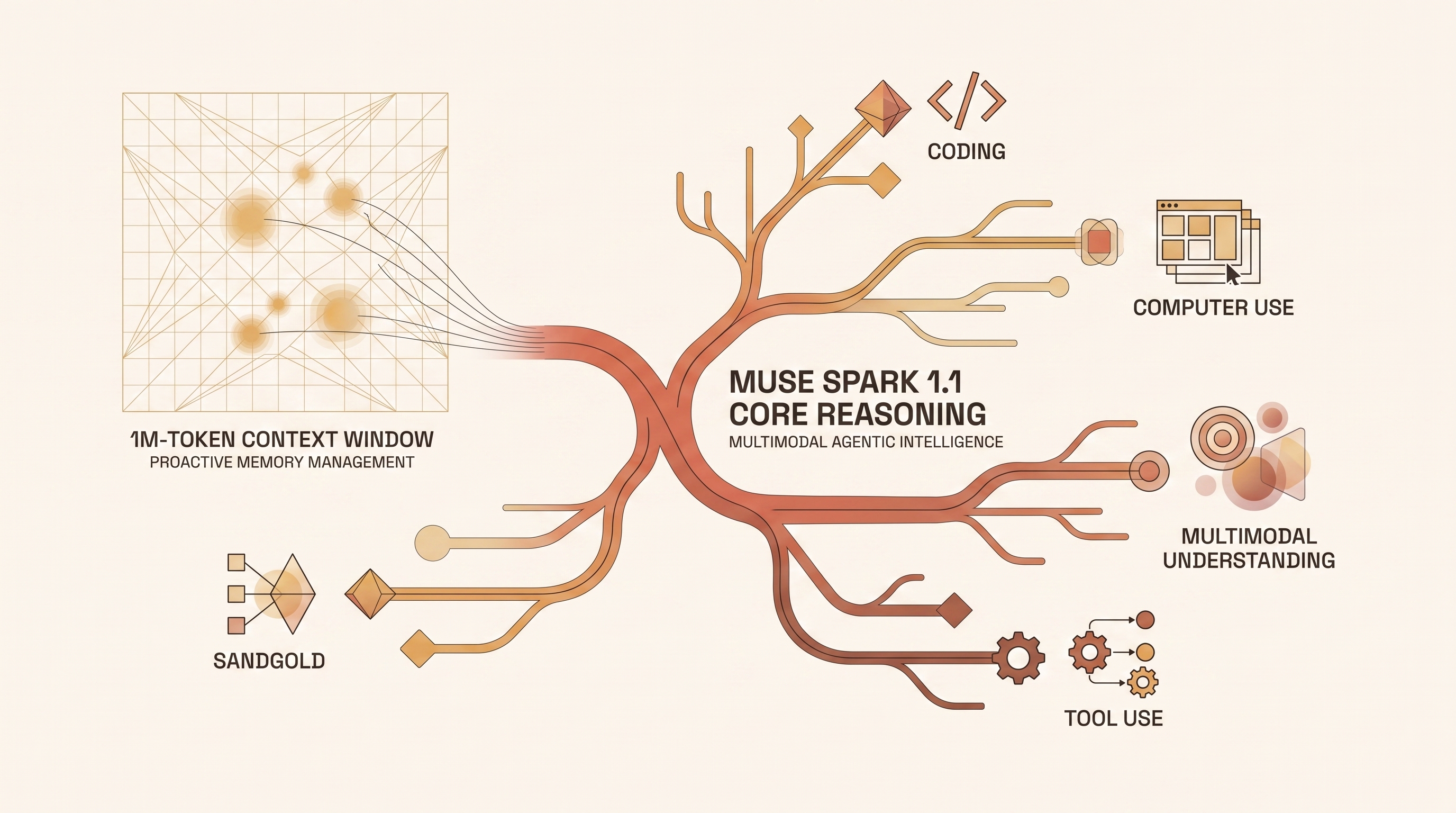 Muse Spark 1.1 core positioning: a unified intelligent core orchestrating coding, computer use, multimodal understanding, and other capabilities through an organic branching network, while actively managing a 1M-token context