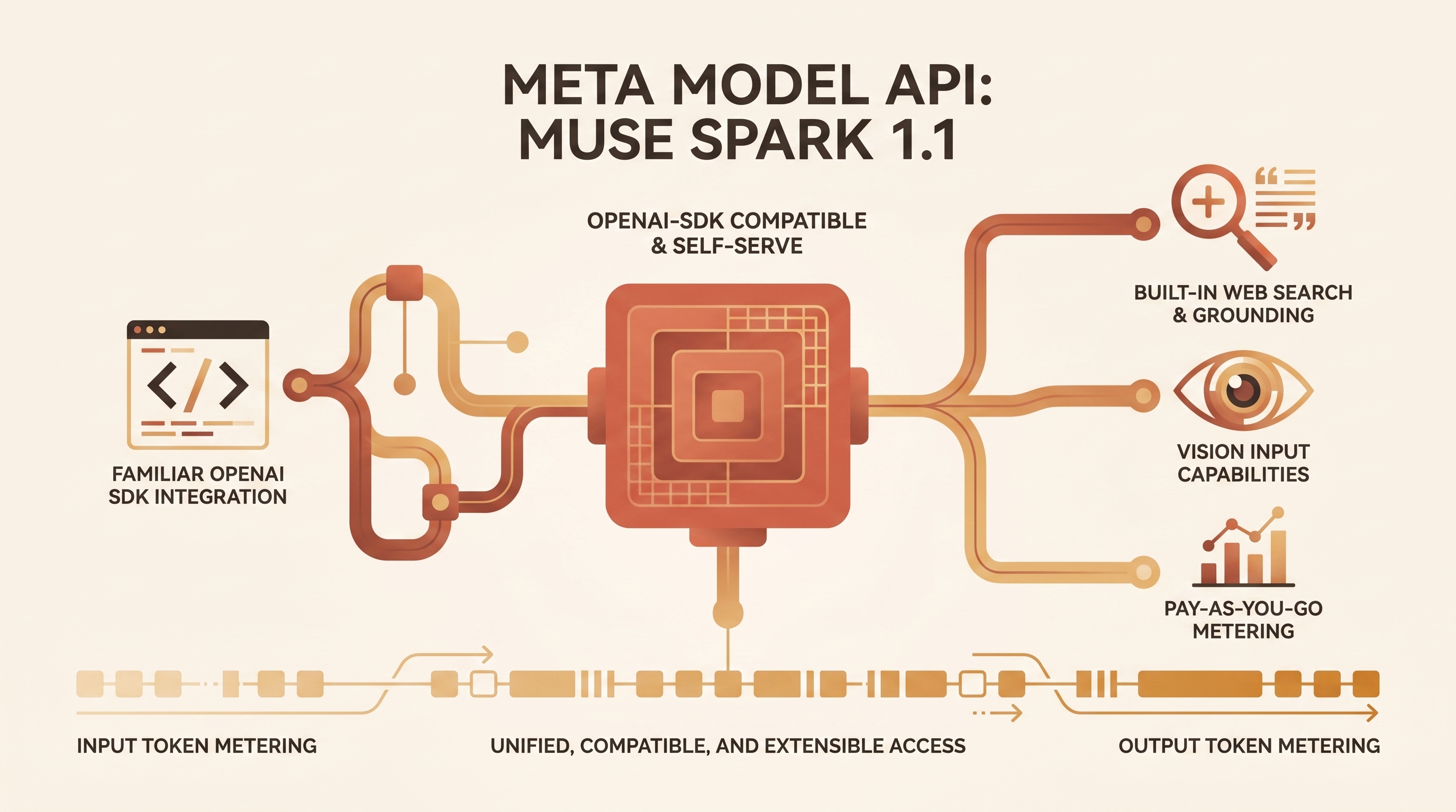 Meta Model API: an OpenAI-SDK-compatible unified developer entry point, backed by web search, visual input, and metered billing
